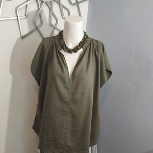 H&M Green Cap Sleeve Blouse with Mandarin Collar